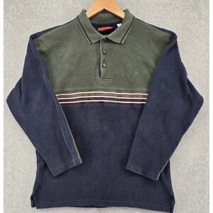 Vtg Bugle Boy Long‎ Sleeve Polo Shirt Boys XL Blue Green Stripe Grandpa Ribbed